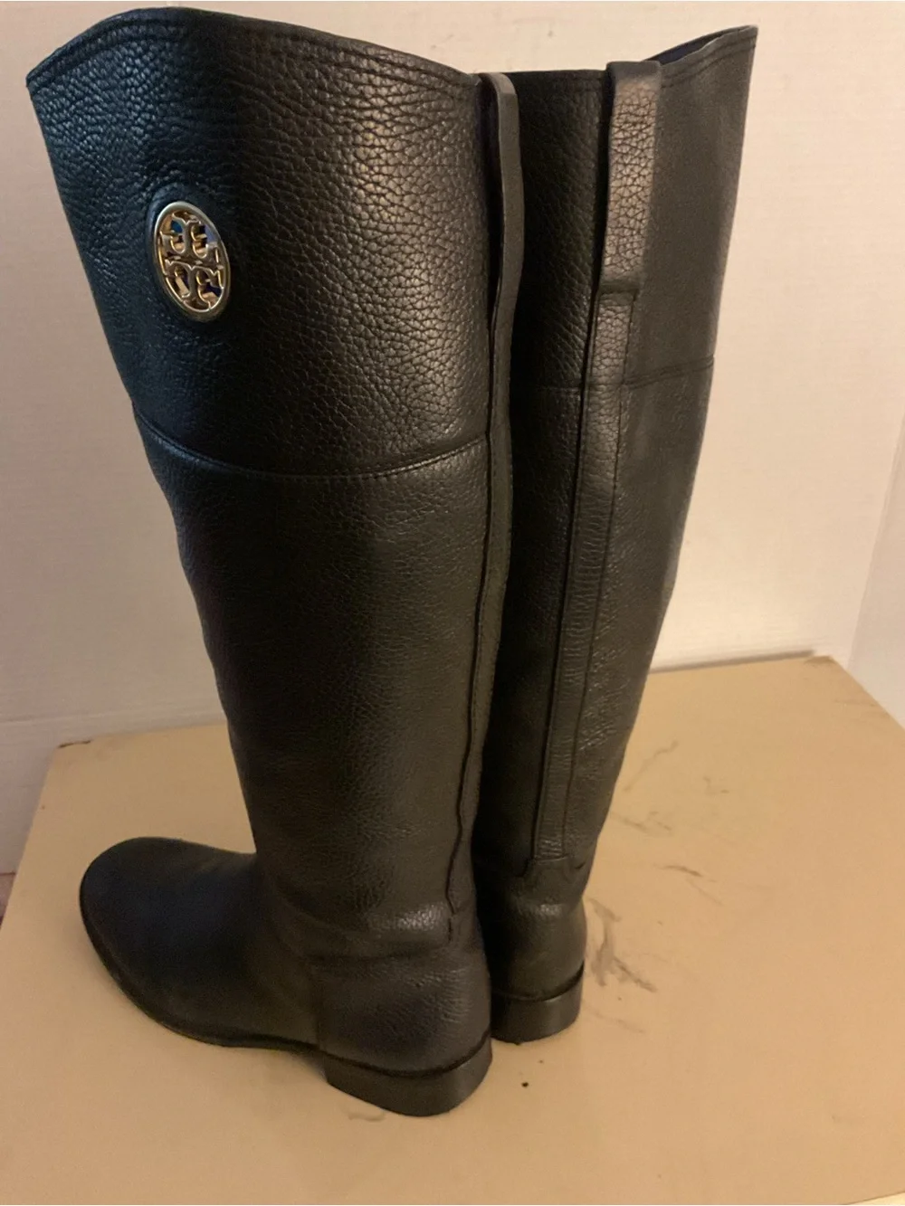 Tory Burch women Black Leather Knee-High Riding Boots with Gold Logo boots US 7